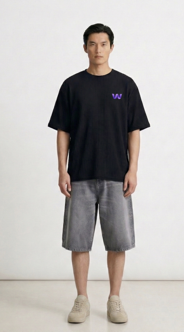 AI model wearing a black brand t-shirt added with AI